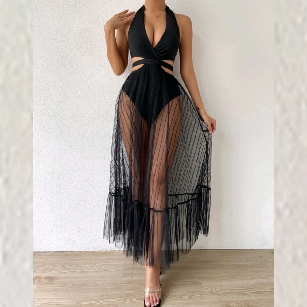 TIE BACKLESS MESH OVERLAY RUFFLE HEM HALTER DRESS WITH BODY SUIT - Picture 3 of 10